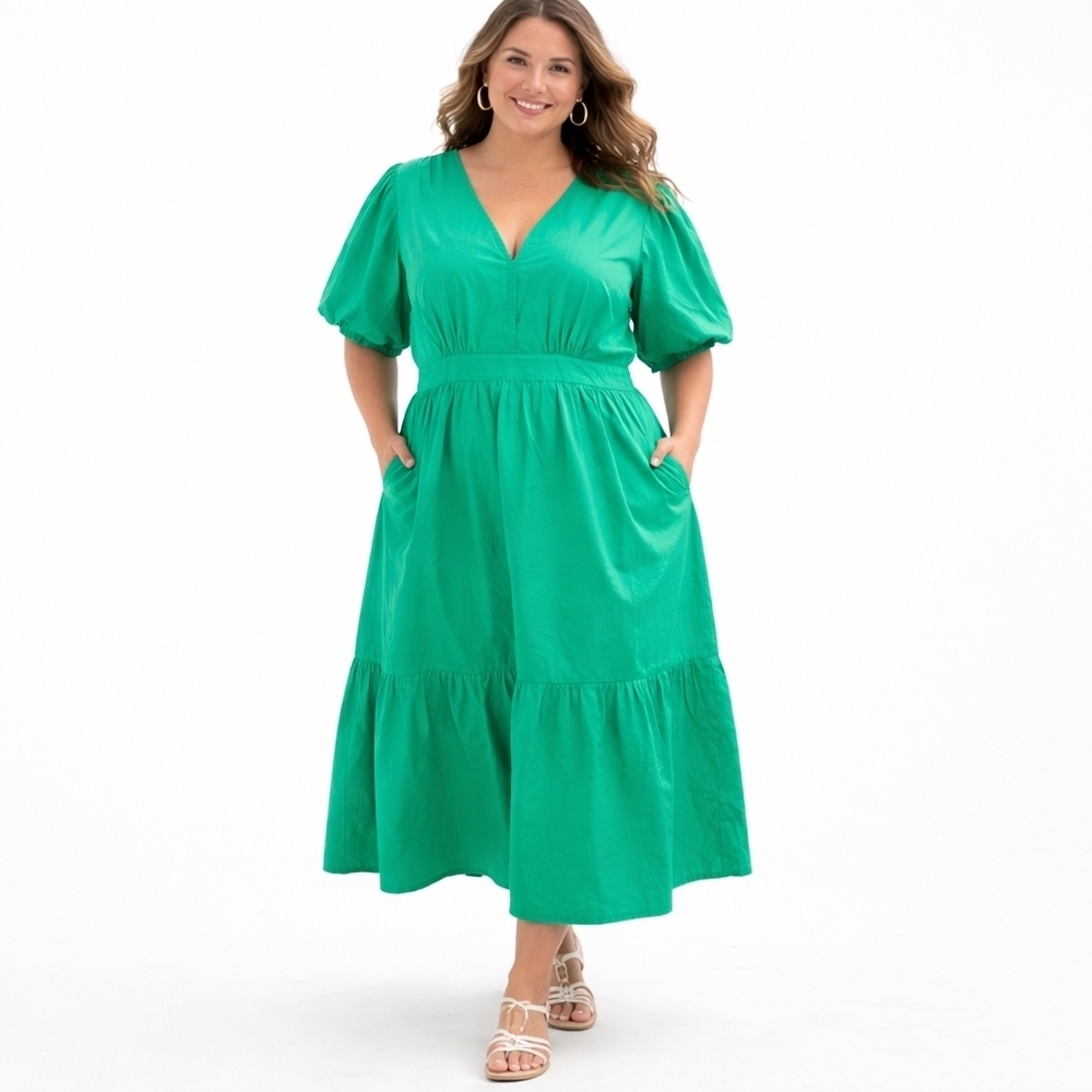 French Connection Green Cotton Midi Dress XL Puff Sleeve Summer NWT